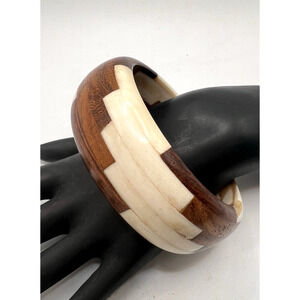 Vintage Geometric Pattern Bone Over Wood Bangle Bracelet